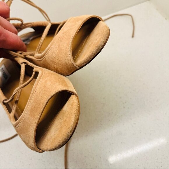 NWT Steve Madden Admire Sandals Sand Tan Leather Suede Lace Up Heel Sz 7.5B Flaw - Picture 11 of 16